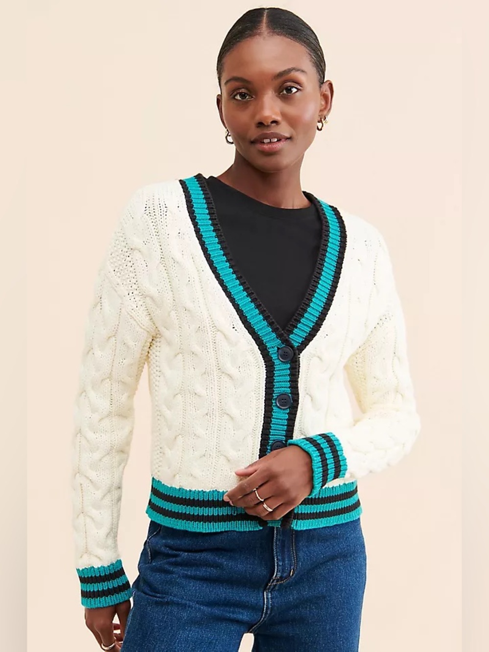 Anthropologie Maeve Varsity Cable-Knit V-Neck Cardigan in Cream Size M